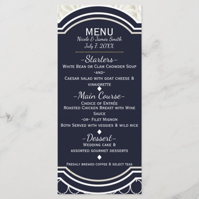 Menu de mariage de plage élégant bleu marine et bl (Devant)