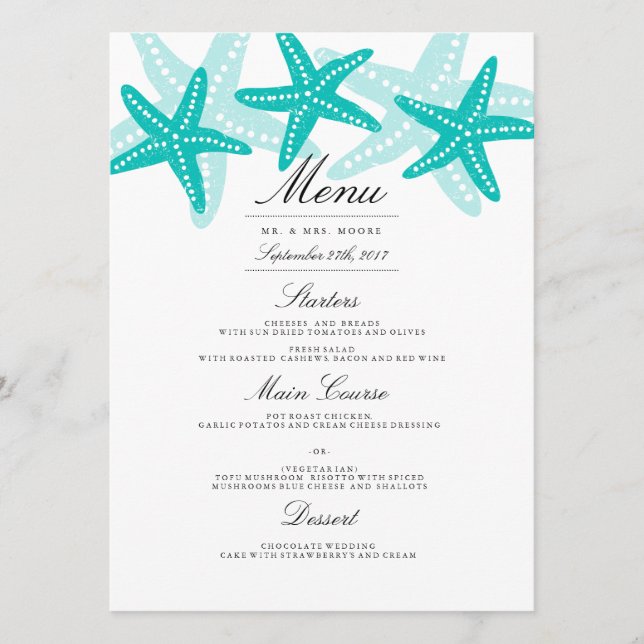 Menu de mariage de plage Teal Starfish Dinner (Devant)