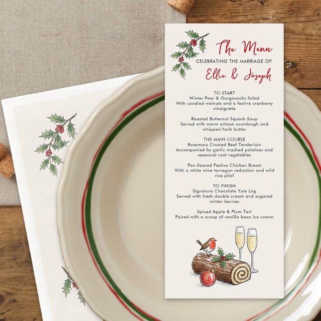 Menu de mariage de vacances de journal de Yule fan (Editable Menu from the Whimsical Champagne Tower Holiday Wedding Collection by Darling & May)