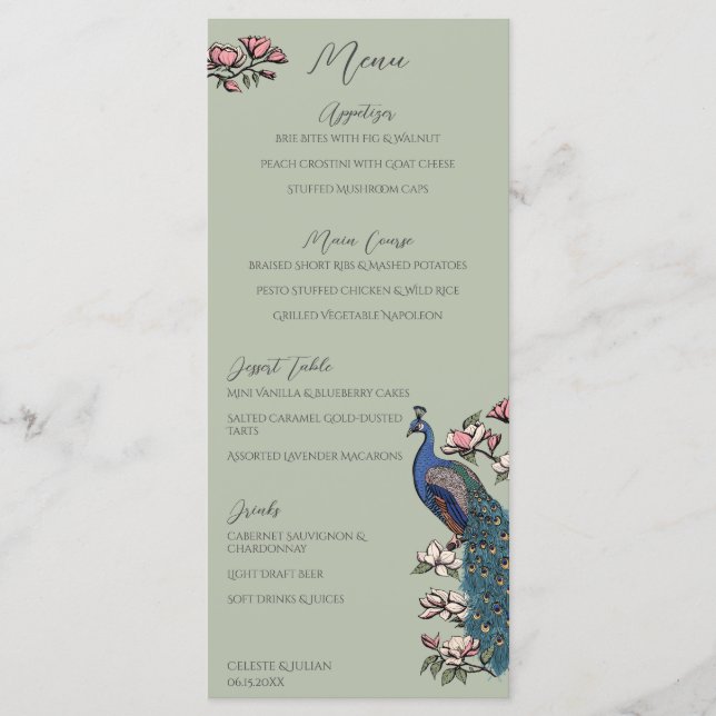Menu de mariage dessiné à la main avec un paon ver (Devant)