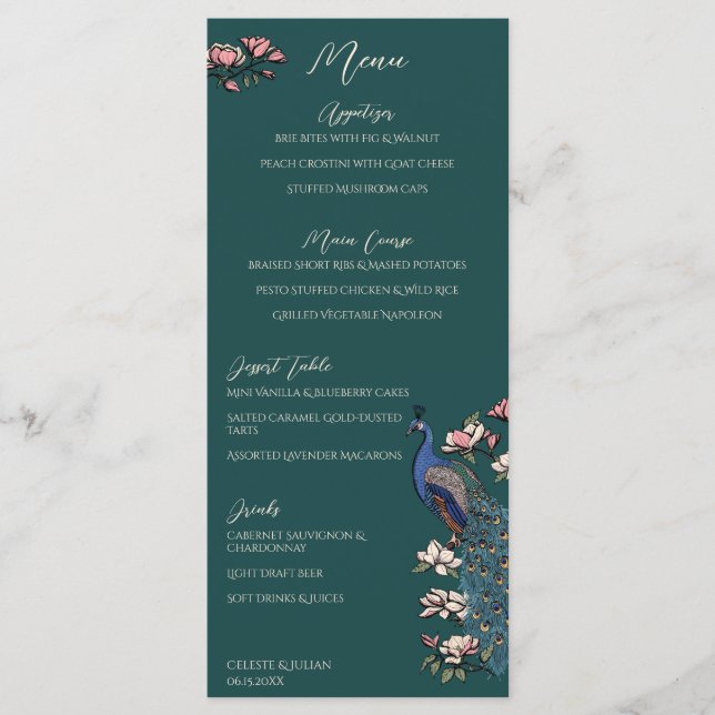 Menu de mariage dessiné à la main sarcelle paon (Devant)