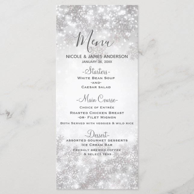 Menu de mariage d'hiver aux flocons de neige scint (Devant)