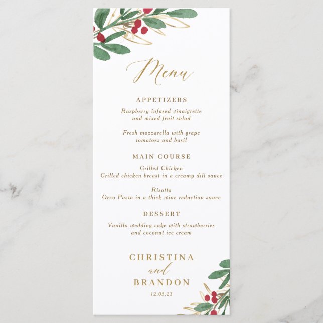 Menu de mariage d'hiver élégant ou menu de Noël (Devant)