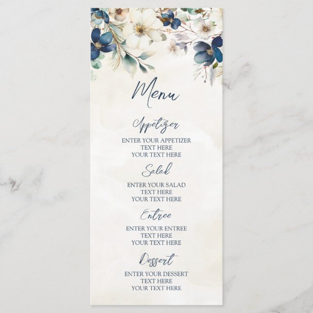 Menu de mariage d'hiver floral bleu élégant (Devant)