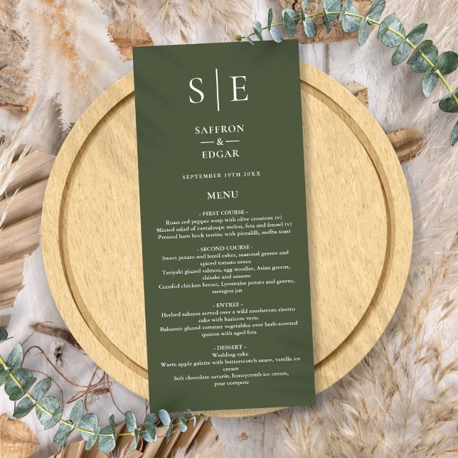 Menu de mariage dîner Monogram vert olive (Olive Green Monogram Wedding Dinner Menu)