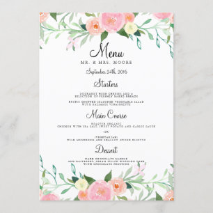 Menu de mariage dîner rose pêche aquarelle douce