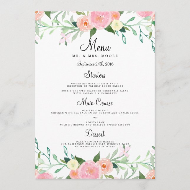Menu de mariage dîner rose pêche aquarelle douce (Devant)