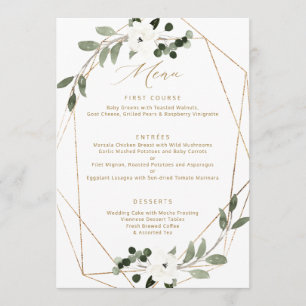 Menu de mariage doré à motifs géométriques et verd