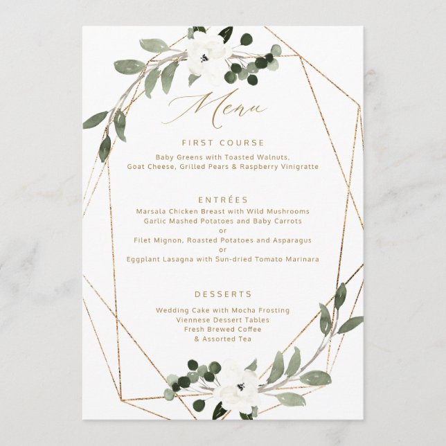 Menu de mariage doré à motifs géométriques et verd (Devant)