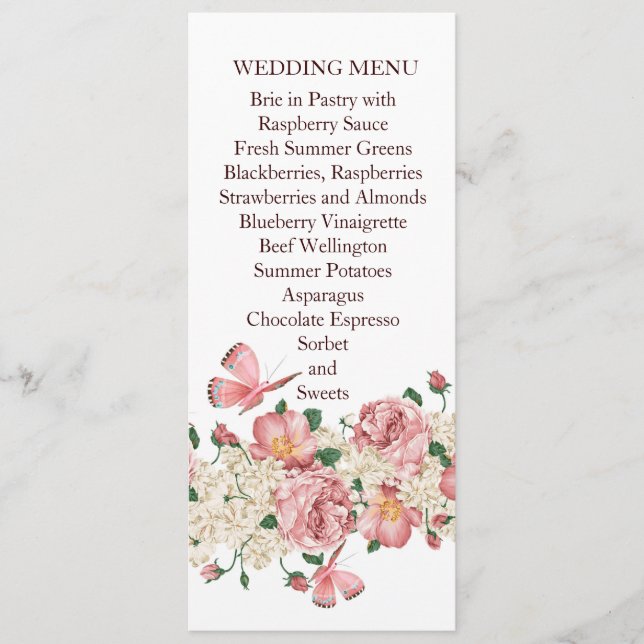 Menu de mariage du jardin floral rose papillon (Devant)