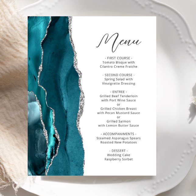 Menu de mariage écriture argent agate bleu théal b (Créateur téléchargé)