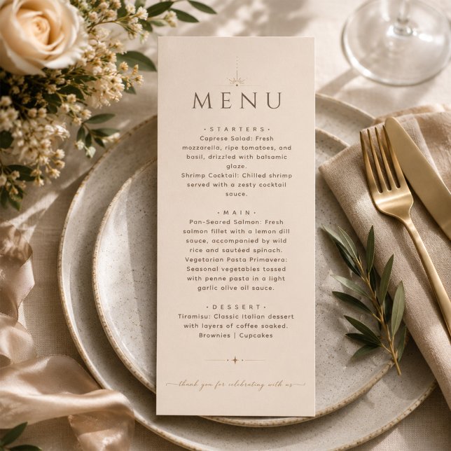 Menu de mariage éditorial beige Champagne élégant (Créateur téléchargé)