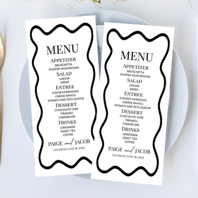 Menu de mariage élégant à bordure ondulée noir et  (Créateur téléchargé)