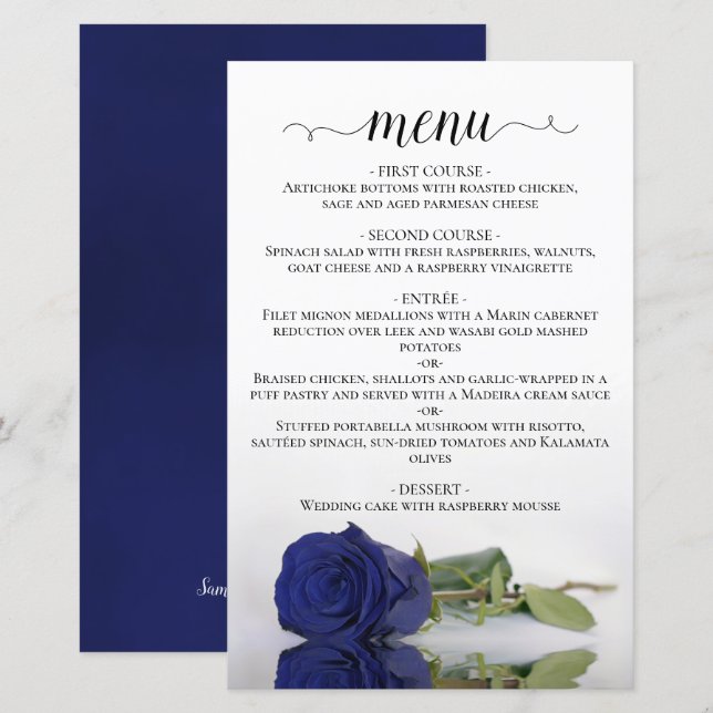 Menu de mariage élégant à budget avec rose bleu ma (Devant / Derrière)