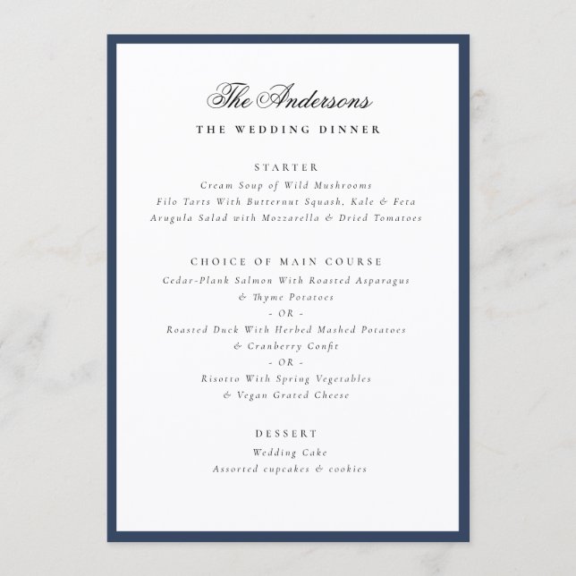 Menu de mariage élégant à cadre bleu avec nom de f (Devant)