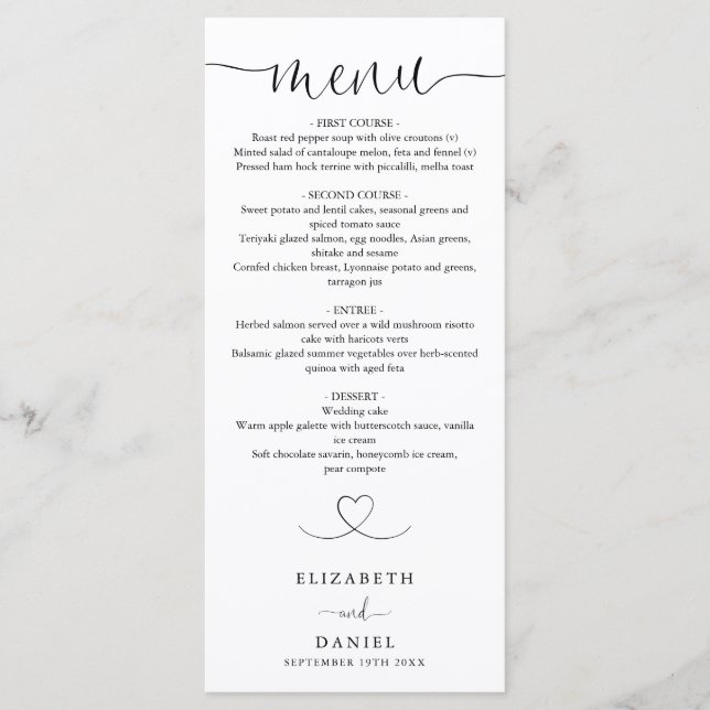 Menu de mariage élégant à cœur script pour dîner (Devant)