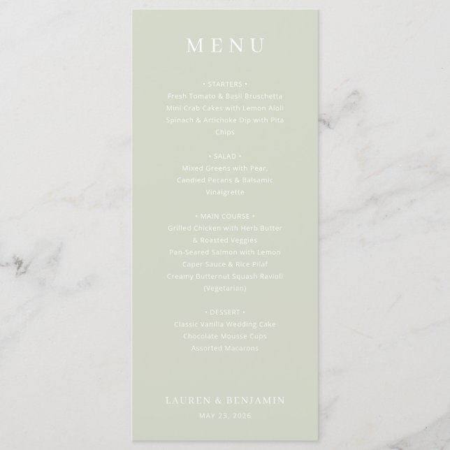Menu de mariage élégant à la sauge (Devant)