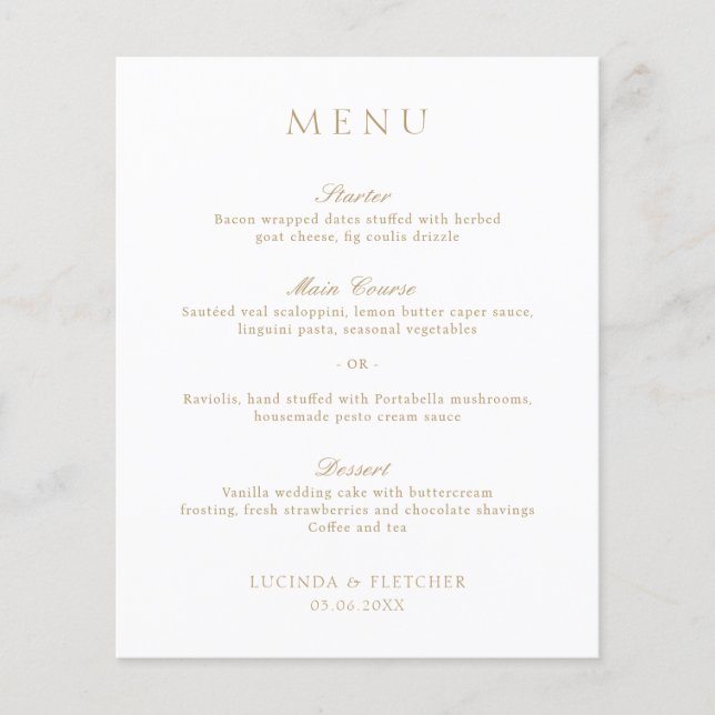 Menu de mariage élégant à l'ancienne avec or (Devant)