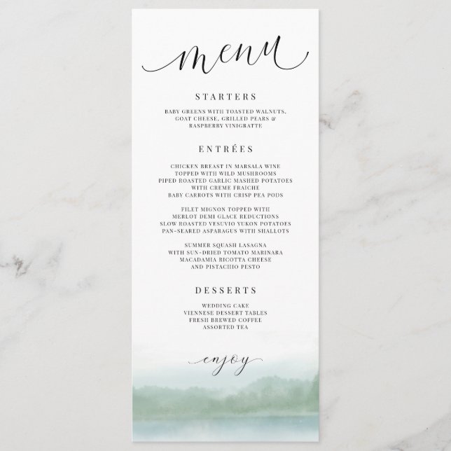 Menu de mariage élégant à l'aquarelle avec lac et  (Devant)