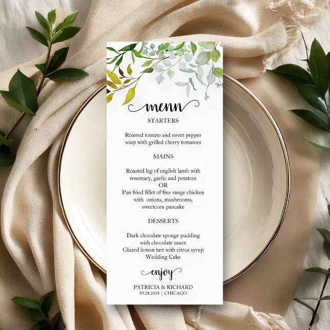 Menu de mariage élégant à l'aquarelle avec verdure (Créateur téléchargé)