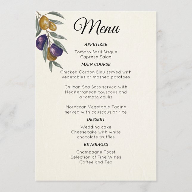 Menu de mariage élégant à l'aquarelle et à l'olive (Devant)