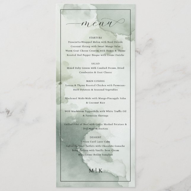 Menu de mariage élégant à l'aquarelle verte (Devant)