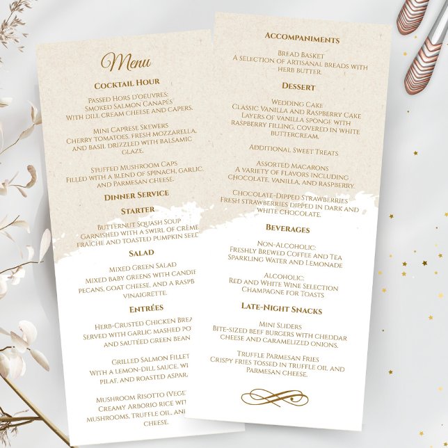 Menu de mariage élégant à l'écriture dorée (elegant gold script wedding menu)