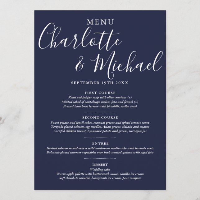 Menu de mariage élégant à l'encre bleue avec écrit (Devant)