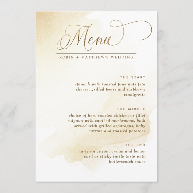 Menu de mariage élégant aquarelle jaune doré (Devant)