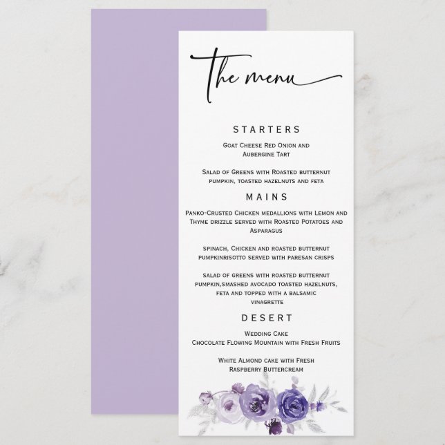 Menu de mariage élégant argent et violet  (Devant / Derrière)