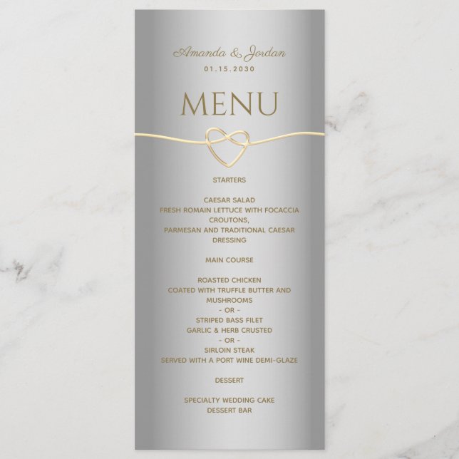 Menu de mariage élégant argent or calligraphie (Devant)