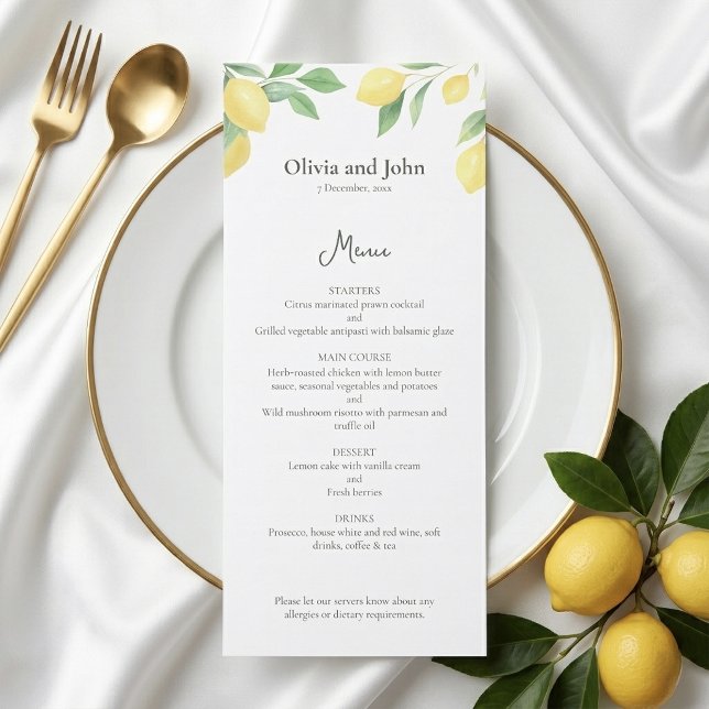 Menu de mariage élégant au feuillage de citron aqu (Watercolor Lemon Foliage Elegant Wedding Menu )