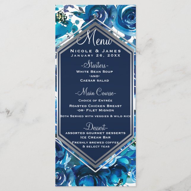 Menu de mariage élégant aux fleurs florales indigo (Devant)