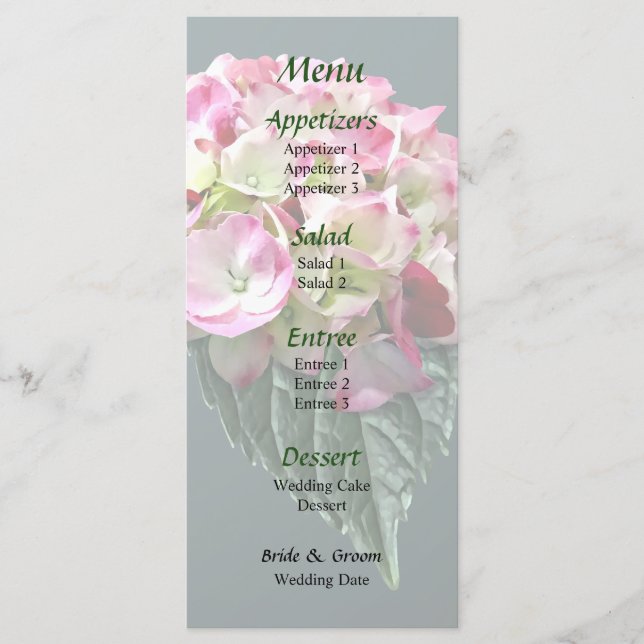 Menu de mariage élégant aux hortensias roses et bl (Devant)