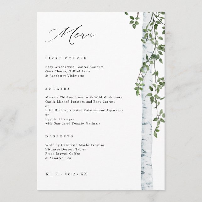 Menu de mariage élégant avec arbre de bouleau et v (Devant)