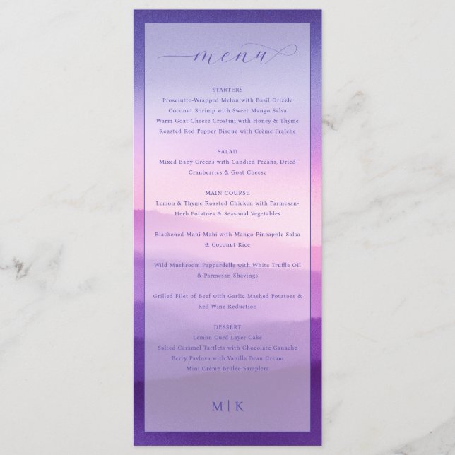 Menu de mariage élégant avec dégradé violet (Devant)