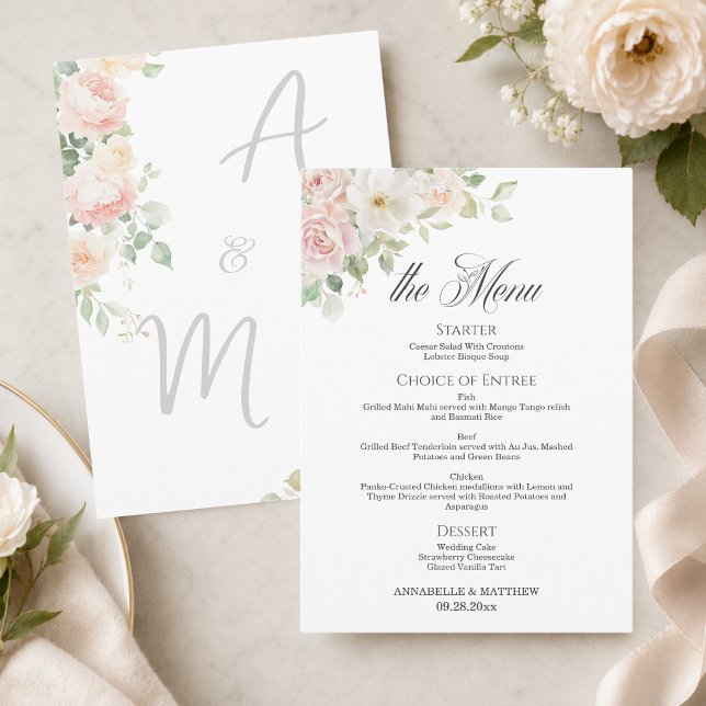 Menu de mariage élégant avec des roses tendres (Créateur téléchargé)