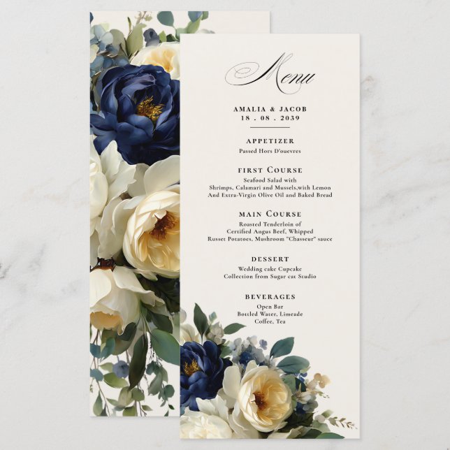 Menu de mariage élégant avec détails floraux bleu  (Devant / Derrière)