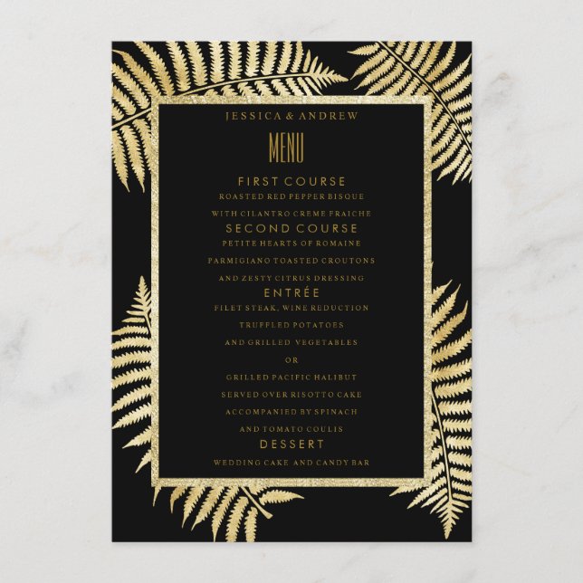 Menu de mariage élégant avec feuilles de fougère e (Devant)