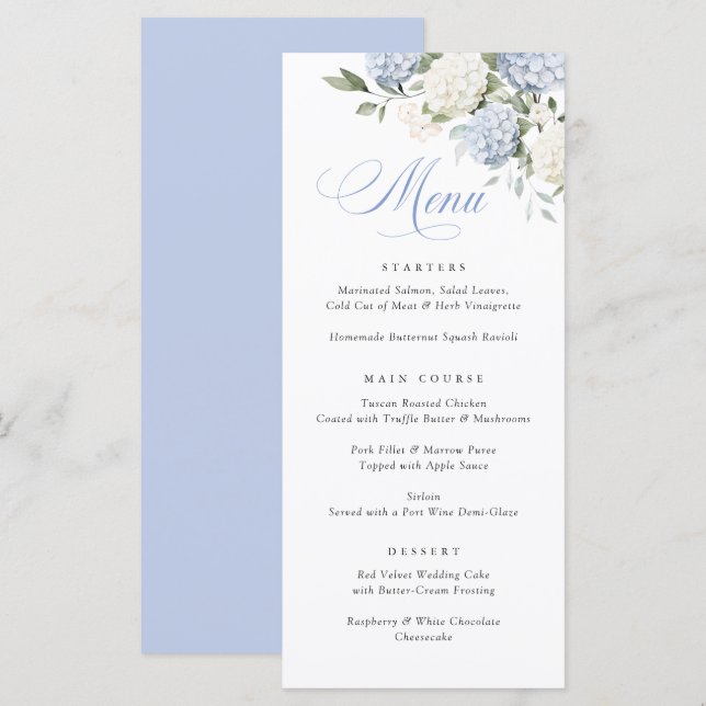 Menu de mariage élégant avec hortensia bleu et ver (Devant / Derrière)