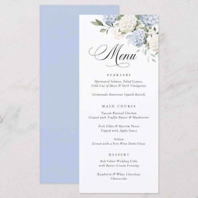 Menu de mariage élégant avec hortensias bleus et v (Devant / Derrière)