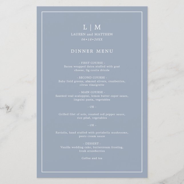 Menu de mariage élégant avec monogramme bleu pouss (Devant)