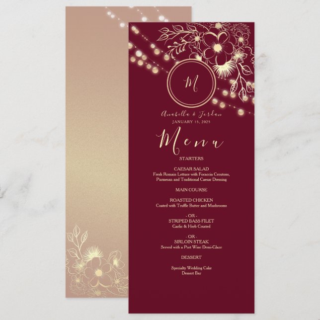 Menu de mariage élégant avec monogramme en bordeau (Devant / Derrière)