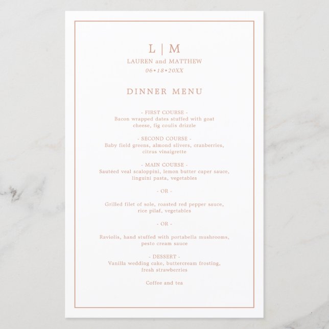 Menu de mariage élégant avec monogramme rose simpl (Devant)