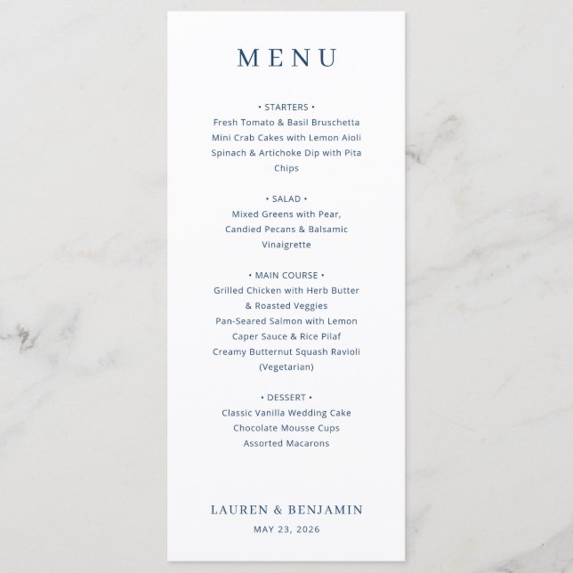 Menu de mariage élégant avec sérif blanc (Devant)