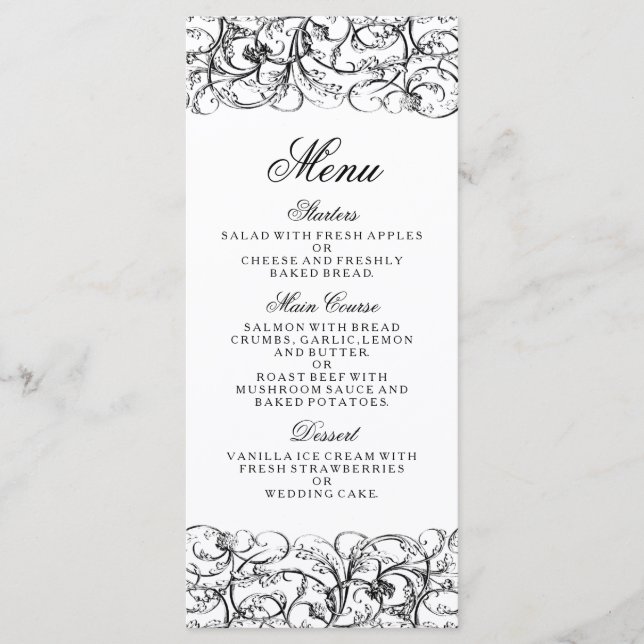 Menu de mariage élégant avec tourbillons noirs et  (Devant)