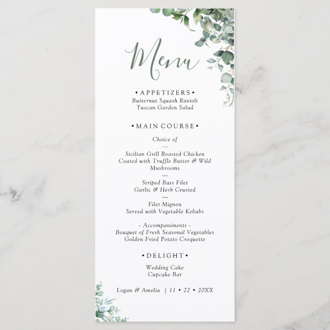 Menu de mariage élégant avec verdure d'eucalyptus (Devant)