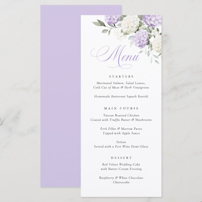 Menu de mariage élégant avec verdure et hortensia  (Devant / Derrière)
