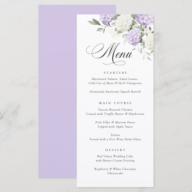 Menu de mariage élégant avec verdure et hortensia  (Devant / Derrière)