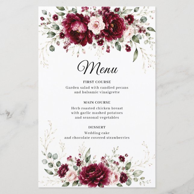Menu de mariage élégant avec verdure florale de Bo (Devant)